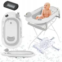 Primabobo OLA Faltbare Babybadewanne mit Gestell, Spielzung und Thermometer, Baby badewanne mit Ständer für Babys, Badekissen, Gris