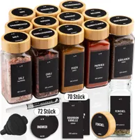 12er Set - DECO HAUS Gewürzdosen mit Bambusdeckel - Verschiedene Streuaufsätze, Trichter, Pinsel, Etiketten & Kreidestift -120 ml, 10,5 x 4,3 cm