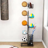 7 stufiger Basketballhalter, Ball Organizer, Mit Ablagekorb, Haken, 41*28*156cm, schwarz
