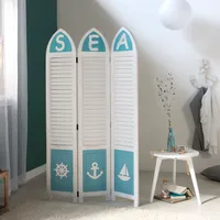 Homestyle4u 1823, Paravent Raumteiler 3 teilig, Kiefer Holz, Maritim Weiß Blau