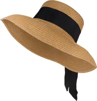 styleBREAKER Damen Sonnenhut mit breitem Schwarzem Zierband, breite Krempe, Strohhut, Papierstroh Hut 04025036