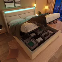 Flieks Polsterbett 140x200cm Stauraumbett mit LED, Doppelbett Boxspringbett mit Lattenrost und Stauraum, Funktionsbett Jugendbett, PU, Weiß