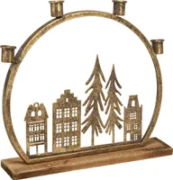 Weihnachtlicher Stabkerzenhalter Antik Gold Häuserreihe und Tannen 36x32cm Festliche Tischdeko