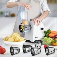 CMYbabee 5 in 1 Gemüsehobel Elektrischer 250W, Edelstahl/Kunststoff BPA-Frei, 20s Schnelles Schneiden, Reibe Küche mit 5 Einsätze für Gemüse, Obst und Käse, Käsereibe Gemüseschneider Trommelreibe