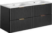 Badmöbel Waschtisch mit Unterschrank Set 120cm ADELAIDE-56-BLACK, matt schwarz gerillt, 2 Keramik Doppel-Waschbecken, 4 Softclose-Schubkästen, B/H/T 121/58,5/46 cm
