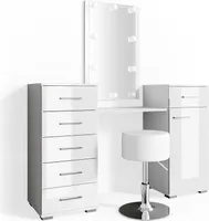 Vicco Schminktisch Zoe, 140 cm mit LED Beleuchtung und Hocker, Weiß
