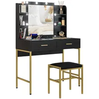 HOMCOM Schminktisch, Schminktisch mit Hocker, Spiegel und integrierter Beleuchtung, 2 Schubladen, Regale, moderner Schminktisch für Schlafzimmer, Schwarz