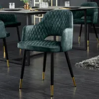 Eleganter Stuhl PARIS petrol Samt Ziersteppung Fußkappen gold Retro-Design mit Armlehnen