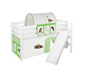 Spielbett JELLE 90 x 190 cm Dinos Grün Beige - Hochbett LILOKIDS - Weiß - mit schräger Rutsche und Vorhang