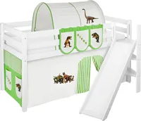 Spielbett JELLE 90 x 190 cm Dinos Grün Beige - Hochbett LILOKIDS - Weiß - mit schräger Rutsche und Vorhang