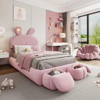Flieks Polsterbett Kinderbett 90x200cm mit 2 Sitzbank, Einzelbett Jugendbett Holzbett mit Led, Bett mit Kaninchenohrenförmigem Kopfteil, Samt, Rosa