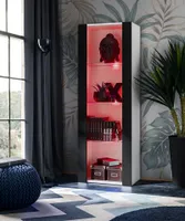 Komodee | Vitrine Schrank Tivoli mit 3 Regalböden, Korpus Weiß Matt Frontfarbe Schwarz Matt, LED RGB