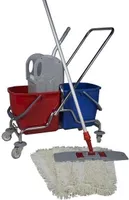 CleanSV Wischset 40 cm Chrom Doppelfahrwagen mit Presse, Putzset MopSet 40 cm: 3 Baumwollmop, Klappphalter, Teleskopstiehl