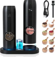 2er Elektrisches Salz- und Pfeffermühlen-Set, USB wiederaufladbare Pfeffermühle mit Ladestation, einstellbare Grobheit, mit LED Licht, Schwarz