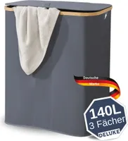 DELUKE® Wäschekorb mit Deckel 140L - Wäschekorb 3 Fächer | Wasserabweisender Wäschesammler 3 Fächer & herausnehmbaren Wäschesäcke, Faltbare Wäschebox mit Waschhinweisen | Grau