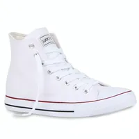 Mytrendshoe Herren Sneakers High Top Schnürer Kult Sportschuhe Freizeit Schuhe 72105, Farbe: Weiß Rotstreifen Lucky, Größe: 42