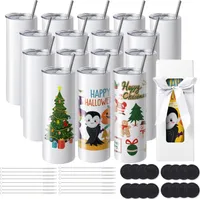 VEVOR 16-pack hrnček s rovnou sublimáciou, 20 oz prázdny hrnček, hrnček z nehrdzavejúcej ocele s dvojitou stenou, slamkou, viečkom, kefkou, podstavcom, zmršťovacou fóliou, darčekovou krabičkou, pre tepelný lis a tepelný prenos