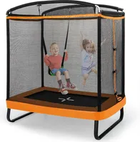 KOMFOTTEU Kindertrampolin mit Schaukel, rechteckiges Trampolin mit Sicherheitsnetz, Kinder Gartentrampoline 190x122x210cm