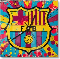DEQORI Glasuhr 30x30 cm Modern 'Wappen FC Barcelona' Wanduhr Glas Uhr Design leise Küchenuhr