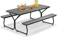 GOPLUS Picknicktisch Set, Campingtisch Biertisch für 6-8 Personen, Biertischgarnitur Outdoor inkl. 2 Bänke & Gartentisch mit Schirmloch (Grau)
