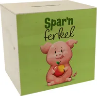 Schwein Spardose aus Holz mit Spruch Sparnferkel