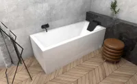 ECOLAM Badewanne Wanne Rechteck Modern Design Acryl weiß 160x70 cm + Kopfstütze schwarz + Schürze Ablaufgarniturt
