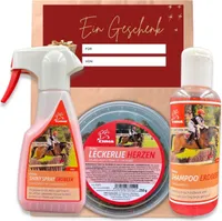 EMMA Pferde- Pflege Set für Kinder Pferdeshampoo & Glanz Mähnenspray pink Leckerlie in Herzform