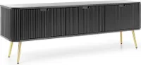DomoHome "ZOVA" Dreitüriger RTV-Schrank, Klappen Und Beinen, Stilvoller Fernsehtisch Mit Modernem Design, Fernsehschrank Für Wohnzimmer, Metallfüße Gold, 168/57/39 cm Farbe: Schwarz