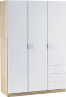 Allentown Kleiderschrank, Schlafzimmer Kleiderschrank mit 3 Türen und 3 Schubladen, Schrank mit Kleiderstange und 3 Regalen 121x80h180 cm, Weiß und Eiche
