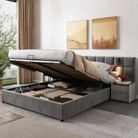 Flieks Polsterbett 160x200cm mit USB und Leselampe, Boxspringbett mit Lattenrost, Doppelbett mit Stauruam, Stauraumbett Funktionsbett, Samt, Grau