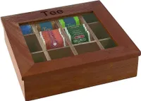 APS Teebox mit 12 Kammern 31 x 28 cm, H: 9 cm rot-braune Holzbox mit Sichtfenster aus Acryl 11776