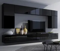 Moderne Wohnwand CALABRINI-13 Wohnzimmer-Set Hängewohnwand Schrankwand Hochglanz TV-Schrank Anbauwand (Schwarz)
