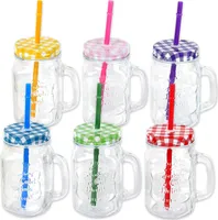 Schramm® 6 Stück Trinkgläser mit Deckel, Henkel und Mehrweg -Strohhalm Trinkhalm wiederverwendbar (iii) in 4 Varianten wählbar Glas Gläser Trinkglas Cocktail  Drinking , Farbe:farbig