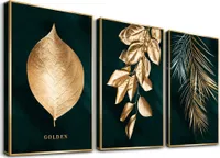 Bild 120x80 cm gerahmt grüner Hintergrund und goldene Blätter  Bilder auf Leinwand Markenware Kunstdrucke 4414
