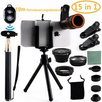 Handy Objektiv, Handy Kamera Lens 10 in 1 Kit Universal 12x Zoom Teleobjektiv + 180 Grad Fisheye Objektiv + 0.67X Weitwinkel + Makroobjektiv + Stativ + bluetooth Remote Shutter + Selfie Stick + Stativ