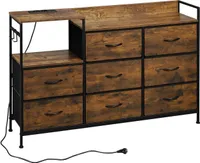 WOLTU Kommode mit 8 Schubladen Steckdosen, Metallrahmen Holzwerkstoff, Vintagebraun
