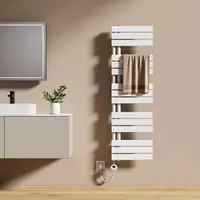 EMKE Handtuchtrockner Elektrisch Asymmetrie Badheizkörper mit Timing Thermostat Handtuchwärmer 1320 x 400mm Weiß Handtuchhalter Heizkörper mit 600W Heizstab