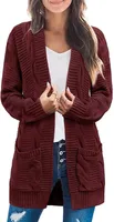 ASKSA Damen Langarm Strickjacke Mittellange Elegant Mantel Open Front Zopfstrick Sweater mit Taschen, Weinrot, S
