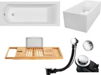 Badewanne Rechteck Set 5in1 170x70 mit Premium Ablaufgarnitur und Füßen GRATIS + Wannenträger + Bambus Holzablage | BADLAND SHEA