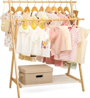 Yorbay Kinder Kleiderregal Doppelstangen Kleiderständer für Kinder aus Bambus tragbarer Garderobenständer mit unterem Oxford-Gewebe-Regal  ,natur+Weiß