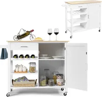 KOMFOTTEU Küchenwagen mit Arbeitsplatte, Küchenschrank mit Schublade & Türschrank, Servierwagen mit Flaschenhalter, Küchentrolley Rollwagen Holz mit 3 offenen Regalen, 100x48x90cm (weiß)