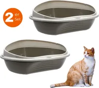 2x Katzenklo Ecke XXL Eck Katzentoilette mit Rand ohne Deckel Ecktoilette offen grau Katzen WC Doppelpack Sparpaket