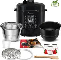 TurboTronic Druckkochtopf 6L mit 2x Topf Edelstahltopf und beschichtet, Edelstahl Dampfgarer, PLASTIKFREI, Multikocher, elektrischer Schnellkochtopf, Reiskocher, Dampfkochtopf Schwarz