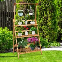 GOPLUS 3-stufiger Blumenleiter mit höhverstellbarer Stangen, Blumentreppe aus Bambus, Pflanzenregal Klappbar, Blumenständer Blumenregal, Pflanzentreppe für Wohzimmer/Balkon/Garten