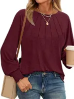 ASKSA Damen T-Shirt Rundhals Langarm Shirt Plissee Laessig Basic Bottoming Bluse Elegant Tunika Oberteile (Weinrot,XL)