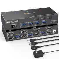 Přepínač KVM se dvěma monitory USB 3.0 Přepínač KVM kompatibilní s HDMI 2 monitory 3 počítače 4K@60Hz 2K@144Hz, emulátor EDID, přepínač KVM se dvěma monitory a 4 porty USB 3.0, včetně kabelového dálkového ovládání a kabelů