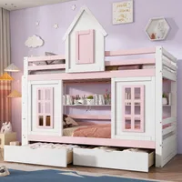 Merax Etagenbett 90x200cm mit Schubladen, Kinderbett mit Rausfallschutz, Hochbett mit Regal und Leiter, Kieferholz Stockbett mit Fenster, Weiß/Rosa