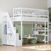 Flieks Etagenbett 90x200cm mit Rausfallschutz, Kinderbett Hochbett mit Treppe und Garderobe, Einzelbett Holzbett Stockbett mit Lattenrost, Weiß