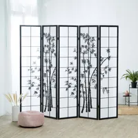 Homestyle4u 287, Paravent Raumteiler 5 teilig|Sichtschutz|Holz Schwarz|Reispapier|Höhe 179 cm