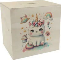 Einhorn-Katze Aquarell Spardose aus Holz